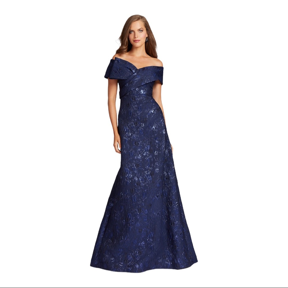 NWT Rickie Freeman For Teri Jon Off-the-Shoulder Metallic Jacquard Gown US 8